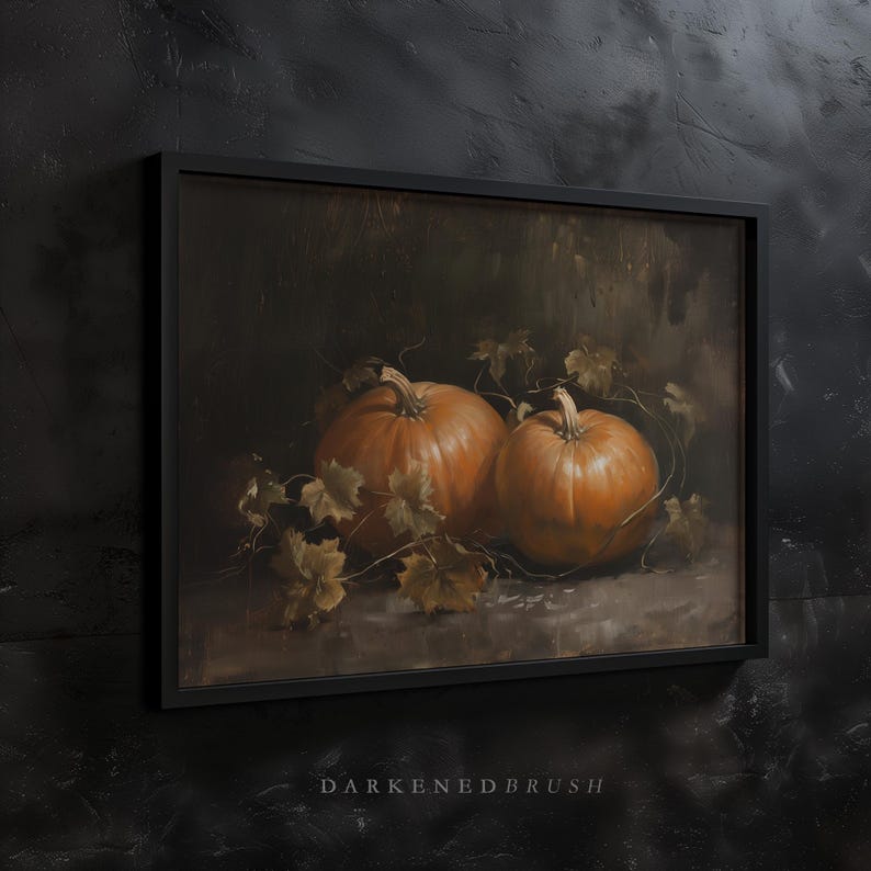 May include: Two orange pumpkins with green vines and leaves on a dark brown background.