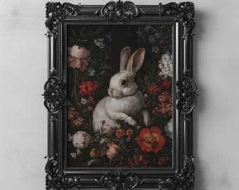 May include: A white rabbit sits in a bed of colorful flowers. The rabbit is surrounded by red, pink, and yellow flowers. The image is framed in a black ornate frame.