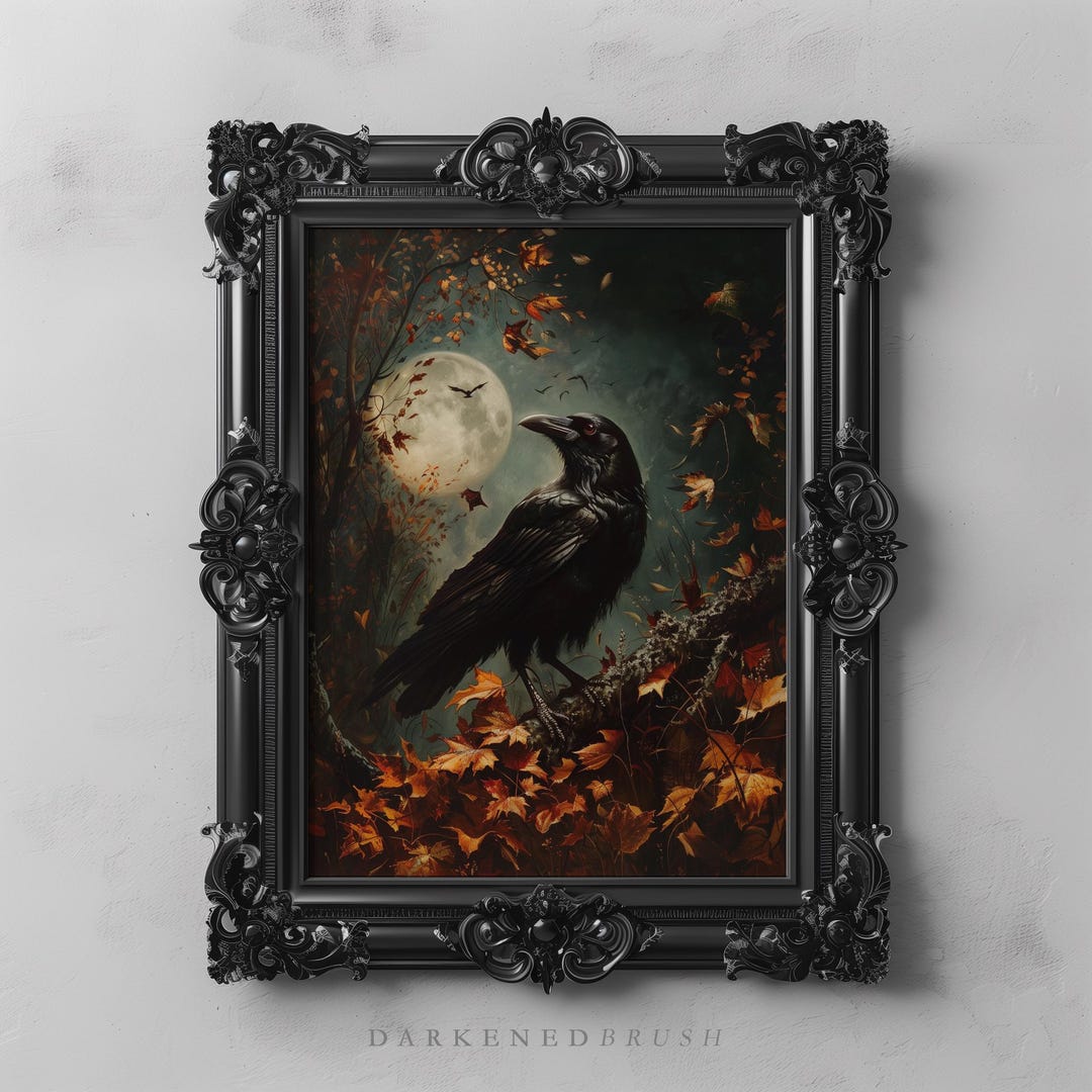 Full Moon Raven in Autumn Art Print, Crow Art, Dark Academia Decor