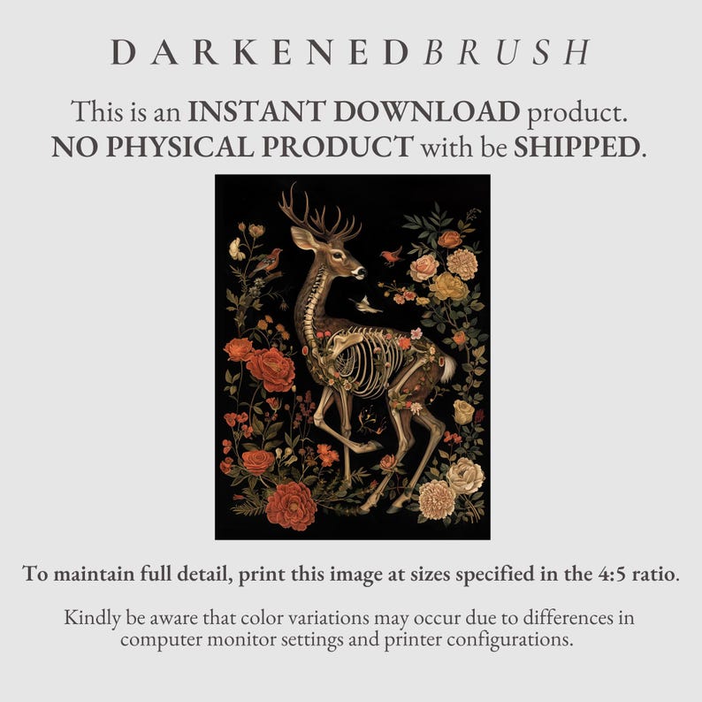 May include: A digital illustration of a deer skeleton with flowers growing out of its bones. The deer is standing in a dark forest setting. The flowers are in shades of red, orange, yellow, and white.