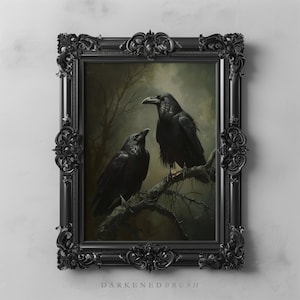 Gothic Crows Art Printable, Birds On Branch Dark Fantasy Forest Raven Wall Print, Dark Cottagecore, Dark Academia Décor, Moody Oil Painting