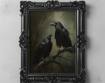 May include: A black framed picture with a dark forest scene featuring two ravens perched on a branch. The ravens are black with dark eyes and are facing different directions. The background is a dark forest with a blurred background.