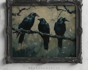 Crows Gothic Birds On Branch Art Painting, Raven Wall Art, Dark Cottagecore, Woodland Moody Bird Wall Art, Dark Academia Gothic Art Print