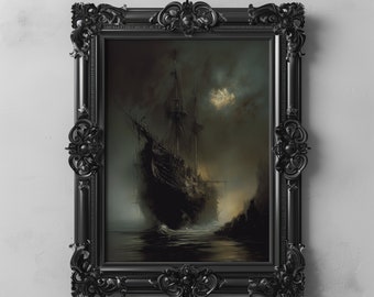 Peut inclure: Une peinture encadrée en noir représentant un navire naviguant sur une mer sombre et orageuse. Le navire est silhouetté contre un ciel nuageux avec une faible lune visible. La peinture a une ambiance sombre et mystérieuse.