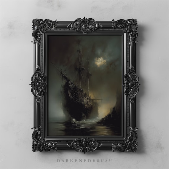 Vintage Ghost Ship, Ocean Aesthetic, Gothic Sea Painting, Dark Arts Printable, Dark Academia Décor, Antique Oil Painting, Pirate Art Print