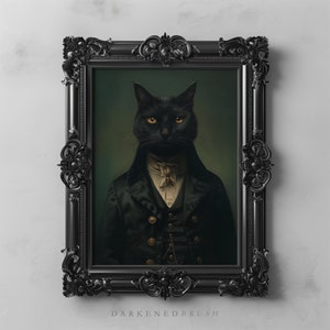 May include: A black cat wearing a dark green jacket, white shirt, and a gold chain with a pendant. The cat is in a black ornate frame against a grey background.