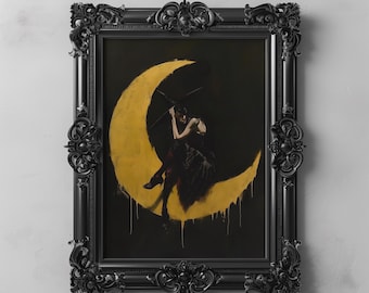 Decorazione da parete vintage con streghe, mezzaluna scura, umore tenebroso, gotico, Halloween, occulto, stregoneria celeste, mistica, accademia oscura, stampabile