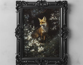Enchanted Woodland Fox White Wildflowers Art Mystical Animal Printable, Dark Academia Cottagecore Wall Decor, Vintage Floral Forest Painting