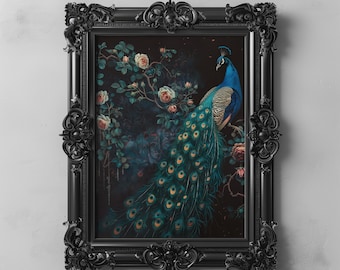 Dark Forest Peacock Wall Art Painting, Dark Academia Cottagecore Botanical Print, Woodland Animal Gothic Floral Moody Oil Painting Printable