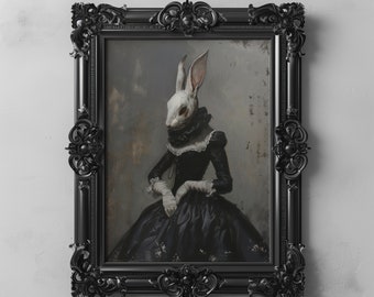Peut inclure: Un lapin blanc portant une robe noire et un col en dentelle blanche, encadré dans un cadre noir orné.