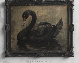 Black Swan Art Printable, Vintage Oil Painting Swan Bird Victorian Wall Decor, Dark Academia Cottagecore Animal Wall Art, Gothic Bird Print