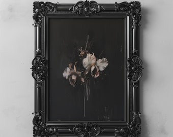 May include: A black ornate frame with a dark background and a painting of white flowers in a vase.