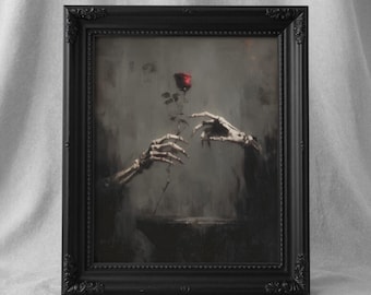 Romantische Gothic Skelett Liebhaber Printable Dark Valentines Art, Dark Academia Floral Rose Paare Liebe Wanddekor 686