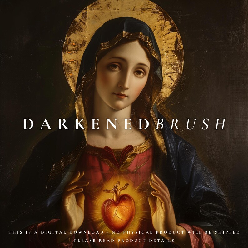 May include: A painting of the Virgin Mary holding a glowing heart in her hands. The painting is in a dark, muted colour palette with a gold halo behind Mary's head. The text "DARKENEDBRUSH" is written across the top of the painting.