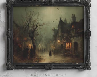 Gothic Victorian Street With Lanterns and Figures in Fog Haunted