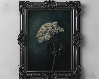 Queens Anne Lace Moody Dark Floral Printable Wall Art, Dark Botanical Art, Dark Aesthetics Flower Oil Painting, Moody Botanical Flower Print