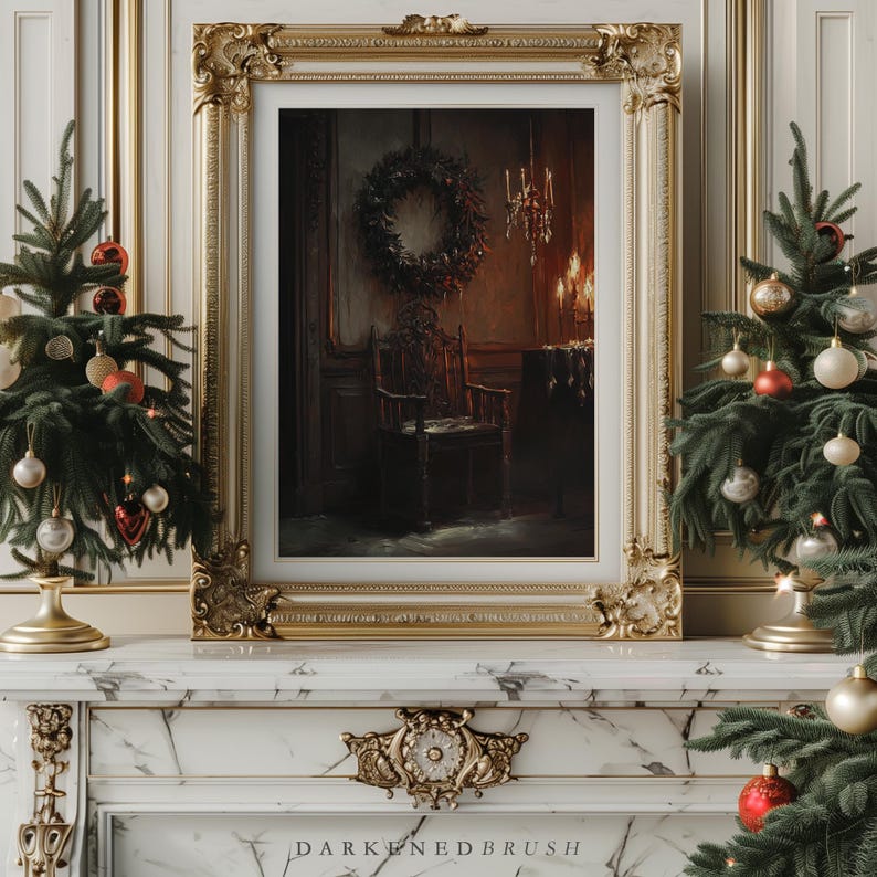May include: A framed painting of a dark room with a wreath hanging on the wall, a chair in the center, and a table with candles on it. The painting is in a gold frame and is sitting on a white marble fireplace mantel.