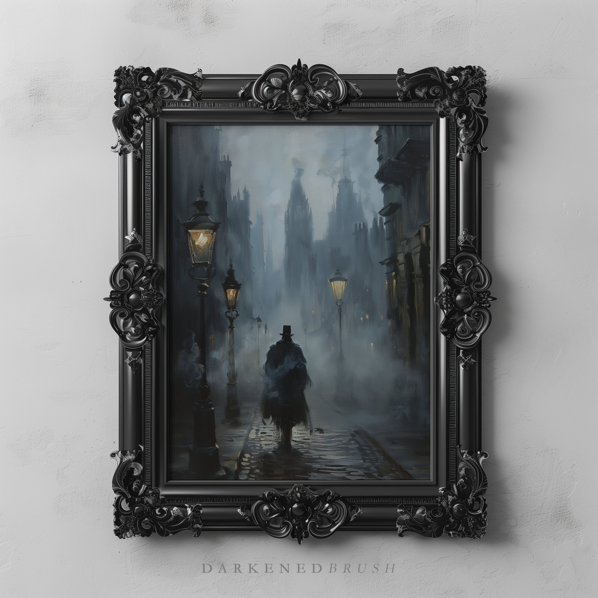 Dark Victorian Gothic Foggy Cityscape Art Print, Dark Academia Oil Painting, Spooky Goth Home Decor, Halloween Moody Wall Art Printable