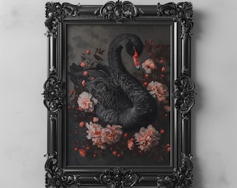 Black Swan Botanical Art Printable Flowers Painting, Dark Floral Gothic Bird Art Prints, Dark Academia Decor, Moody Wall Art Downloadable