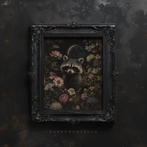 May include: A framed painting of a raccoon in a dark, lush forest setting. The raccoon is surrounded by flowers and foliage, and a crescent moon is visible in the sky. The frame is black and ornate.