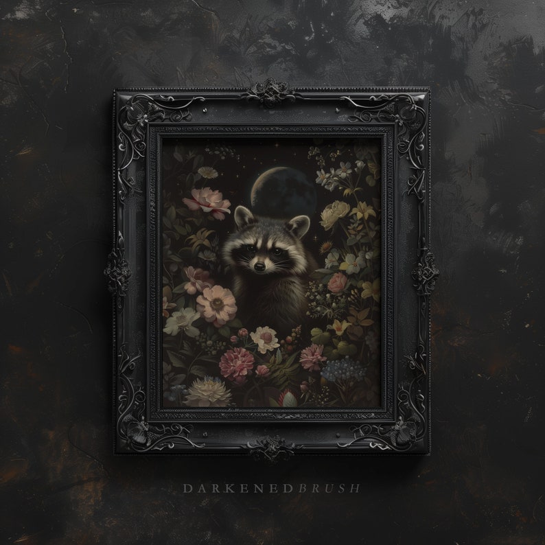 May include: A framed painting of a raccoon in a dark, lush forest setting. The raccoon is surrounded by flowers and foliage, and a crescent moon is visible in the sky. The frame is black and ornate.