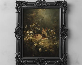 Dark Cottagecore Deer Wall Art With Fawn In Meadow, Moody Botanical Woodland Forest Animal Printable Victorian Nature Oil Painting 169