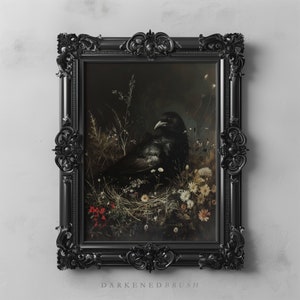 Vintage Black Bird Art Printable, Bird Wall Art, Goth Cottagecore Dark Academia Gothic Oil Painting Print, Dark Aesthetics Digital Art