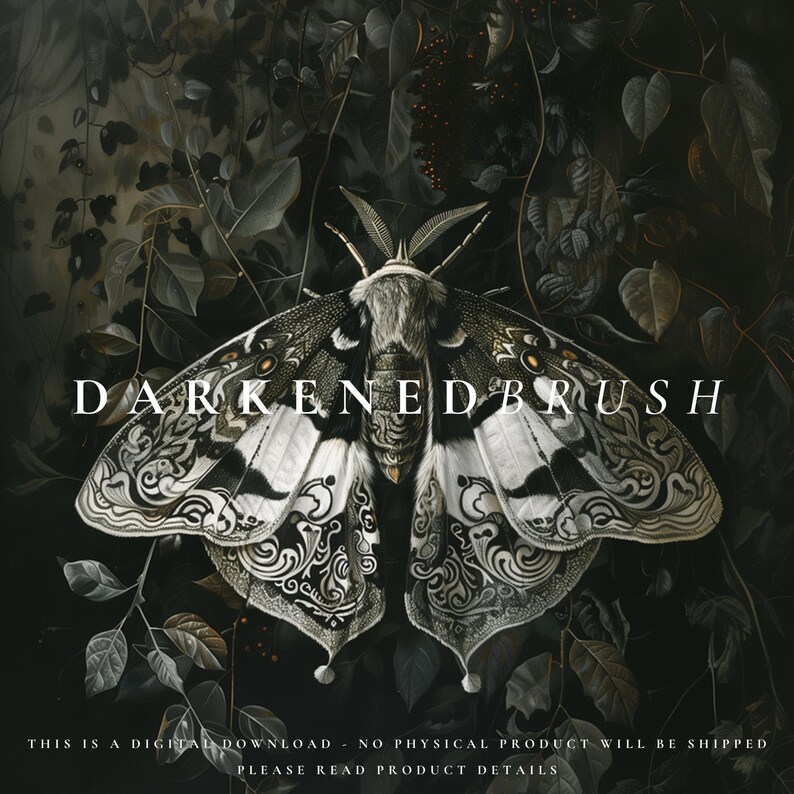May include: A black and white moth with intricate patterns on its wings, set against a dark background of foliage. The text "DARKENEDBRUSH" is written in white letters across the moth's wings.