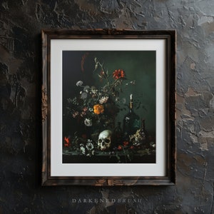 May include: A framed still life painting with a dark green background. The painting features a skull, flowers, and bottles. The flowers are mostly white and yellow, with a few red flowers. The bottles are green glass and have a vintage look.