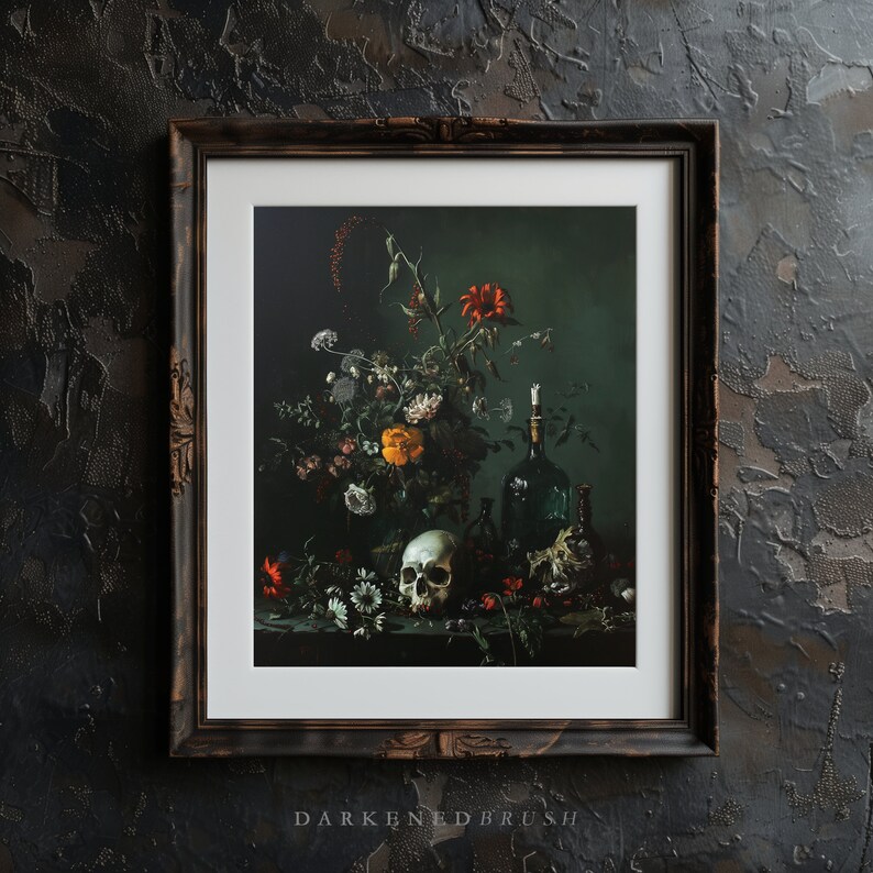 May include: A framed still life painting with a dark green background. The painting features a skull, flowers, and bottles. The flowers are mostly white and yellow, with a few red flowers. The bottles are green glass and have a vintage look.
