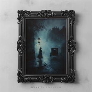 Victorian Foggy Street Art Gothic Aesthetic, Dark Academia Wall Decor, Moody Lamp Artwork Haunted Cityscape Printable Misty Night Painting
