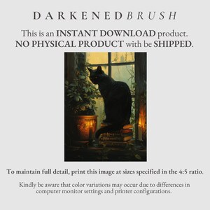 May include: A black cat sits on a stack of books in a window with a plant in a pot. The window is open and there is a view of a forest outside. There are candles on the windowsill.