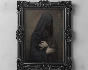 Mysterious Veil Lady Black Cat Art Portrait Printable, Dark Gothic Oil Painting, Moody Witchy Wall Art Goth Aesthetic Dark Academia Decor