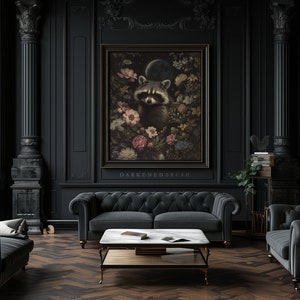 May include: A black and white illustration of a raccoon surrounded by flowers in a dark, ornate room with two black velvet sofas and a coffee table. The artwork is framed and hangs on a black wall. The text "DARKENEDDRUSH" is below the artwork.