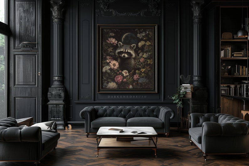 May include: A black and white illustration of a raccoon surrounded by flowers in a dark, ornate room with two black velvet sofas and a coffee table. The artwork is framed and hangs on a black wall. The text "DARKENEDDRUSH" is below the artwork.
