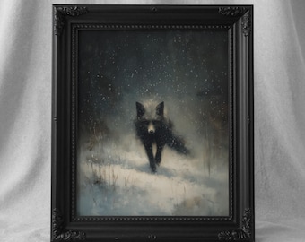 Schneefuchs im Winterfeld, gotische Tierwandkunst, dunkle Cottagecore Waldnatur druckbare 564