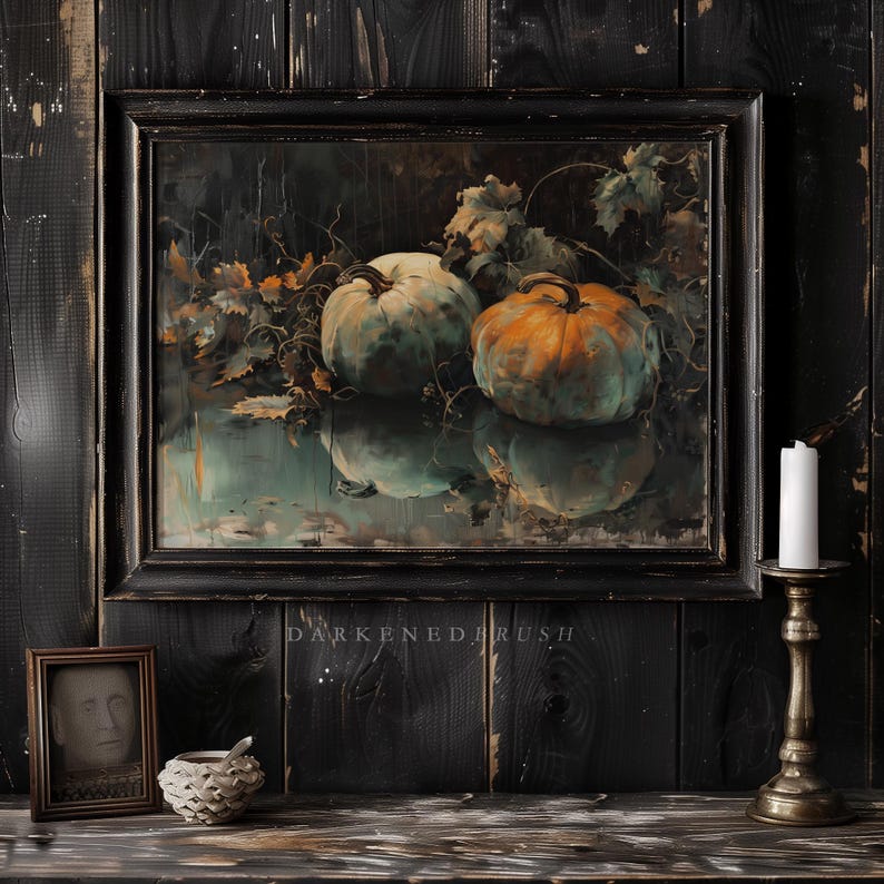 Rustic Fall Pumpkin Still Life Art Dark Botanical Autumn Wall Decor ...