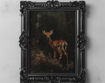 Dark Forest Fawn Baby Deer Art Printable, Woodland Animal Wall Art, Dark Academia Cottagecore Prints, Dark Farmhouse Animal Oil Painting