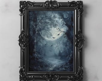 Flying Bats Midnight Moon Woodland Art, Gothic Dark Academia Cottagecore Spooky Dark Forest Wall Art Dark Oil Painting Aesthetic Decor Print