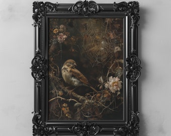 Wildlife Bird Botanical Art Printable Painting, Dark Academia Animal Wall Art Decor, Vintage Dark Cottagecore, Moody Bird Wall Artwork