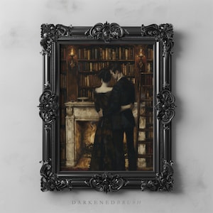 Lovers in Library Art Painting, Couple Art Printable, Dark Academia Print, Dark Oil Painting, Moody Wall Art, Gothic Decor for Book Lovers