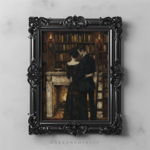Amoureux de la bibliothèque, peinture, oeuvre d'art pour couple à imprimer, impression académique sombre, peinture à l'huile sombre, art mural maussade, décoration gothique pour les amateurs de lecture