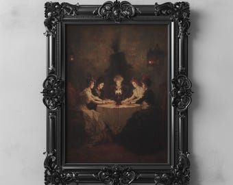 Viktorianische Witchy Séance Szene Dark Cottagecore Gothic Dark Academia Art Spooky Haunted Moody Wanddekor, Halloween-Hexe druckbare Wandkunst