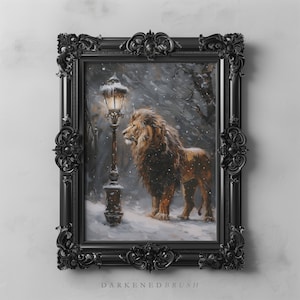 May include: A painting of a lion standing in a snowy forest with a lit street lamp in the background. The lion is looking to the left, and the street lamp is casting a warm glow on the snow.