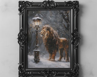 Póster de Narnia con farola de Aslan, arte navideño imprimible de un león en el País de las Maravillas Invernal, decoración invernal nevada inspirada en Las Crónicas de Narnia de C.S. Lewis