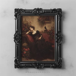 Victorian Gothic Woman Printable Art Dark Romantic Wall Decor Moody Dark Botanical Red Boudoir Digital Download for Dark Academia Rooms