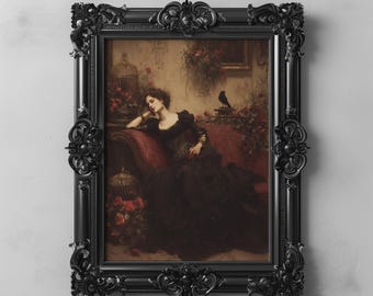 Viktorianische Gothic Frau druckbare Kunst dunkel romantische Wand Dekor stimmungsvolle dunkel botanische rote Boudoir digitaler Download für dunkle Academia Zimmer