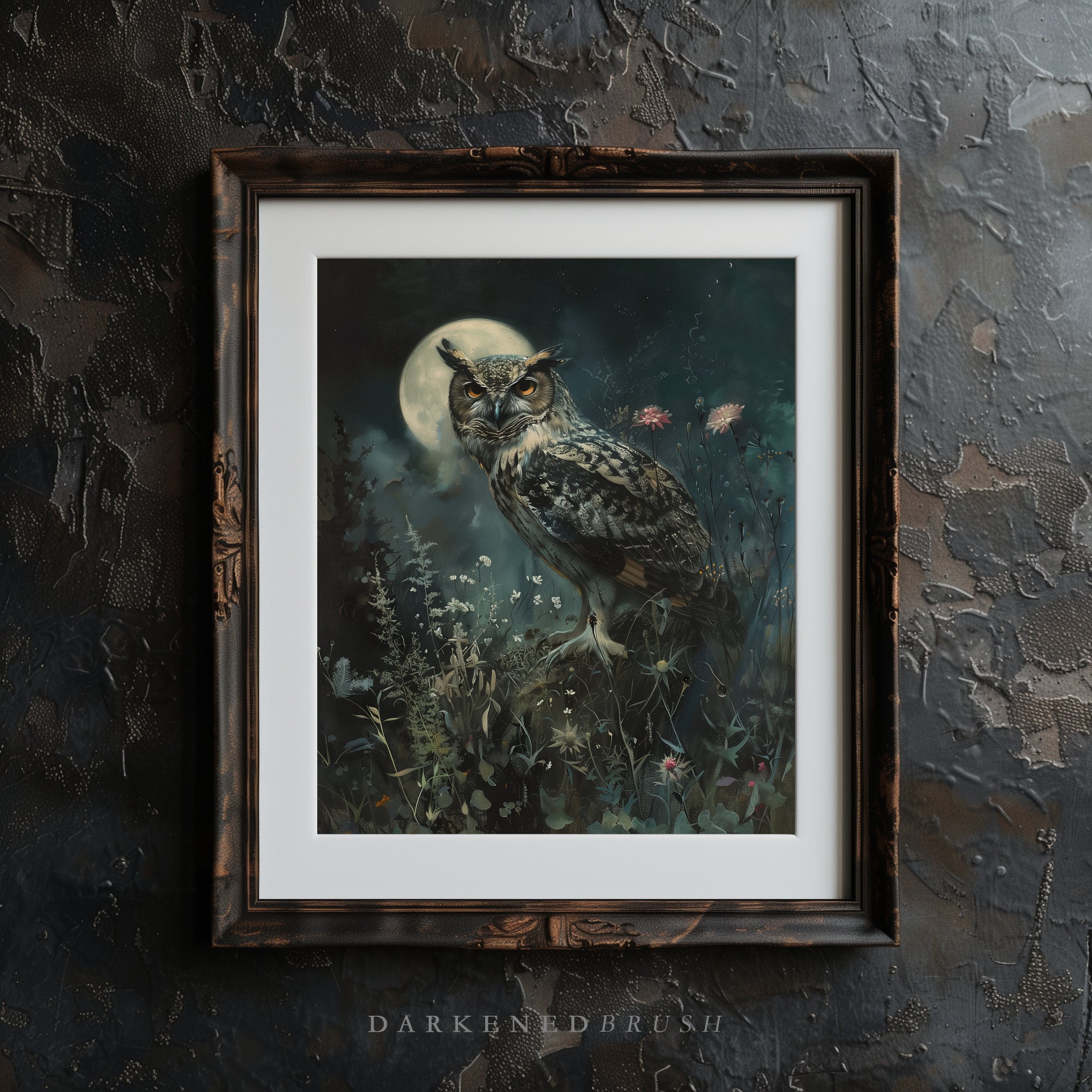 Horned Night Owl Art Printable Wall Art, Full Moon Dark Moody Forest ...