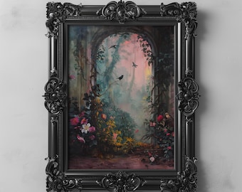 Fantastyczny zaczarowany las wróżka raj dżungla sztuka malarstwo, Cottagecore Decor, bajkowy las botaniczny wiosna sztuka ścienna do druku