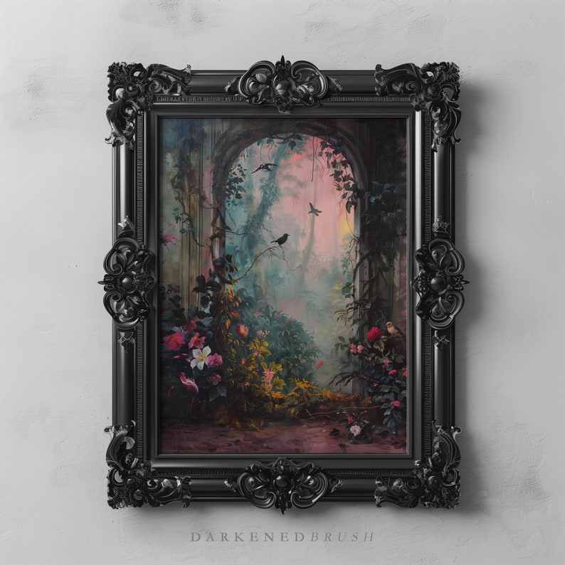 May include: A black ornate frame surrounds a painting of a lush, overgrown garden with a stone archway. The garden is filled with pink flowers and green foliage. Birds fly through the air, and the sky is a soft pink and blue.